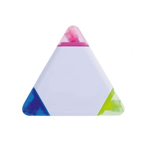  	Original marcador fluorescente de tres colores con cuerpo triangular en suave acabado brillante de color blanco, especialmente diseñado para marcaje digital a todo color. Con capuchas translúcidas juego con marcador.