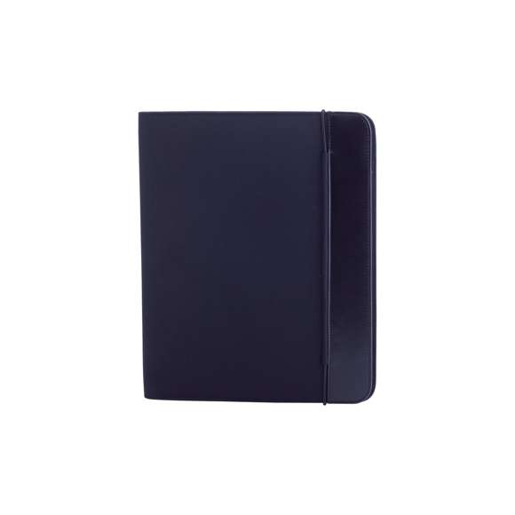 Carpeta de diseño bicolor en vivos colores acabada en suave microfibra y con cierre elástico. Interior a juego con bloc extraíble de 20 hojas lisas, bolsillo de solapa, tarjeteros y soporte para bolígrafo.