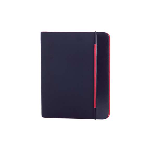Carpeta de diseño bicolor en vivos colores acabada en suave microfibra y con cierre elástico. Interior a juego con bloc extraíble de 20 hojas lisas, bolsillo de solapa, tarjeteros y soporte para bolígrafo.