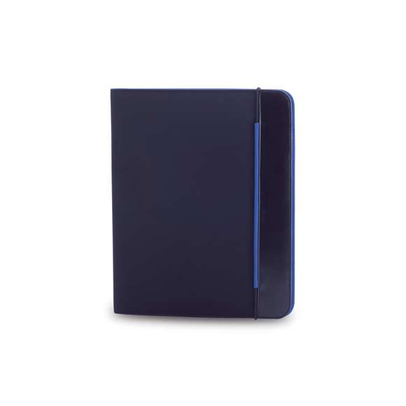 Carpeta de diseño bicolor en vivos colores acabada en suave microfibra y con cierre elástico. Interior a juego con bloc extraíble de 20 hojas lisas, bolsillo de solapa, tarjeteros y soporte para bolígrafo.