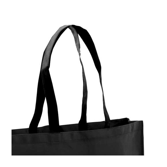 Bolsa en non-woven de 100g/m2, en variada gama de vivos colores. Con asas largas de 70cm en color negro, fuelle reforzado con ribete a juego y acabado cosido.