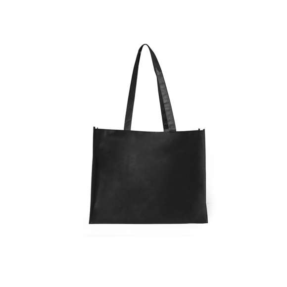 Bolsa en non-woven de 100g/m2, en variada gama de vivos colores. Con asas largas de 70cm en color negro, fuelle reforzado con ribete a juego y acabado cosido.