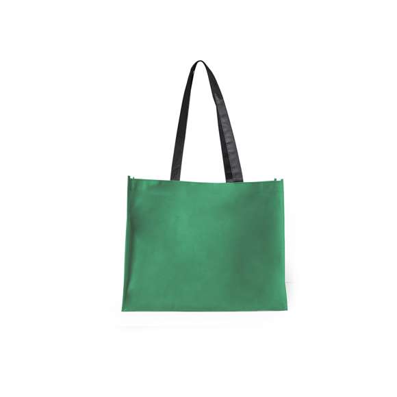 Bolsa en non-woven de 100g/m2, en variada gama de vivos colores. Con asas largas de 70cm en color negro, fuelle reforzado con ribete a juego y acabado cosido.