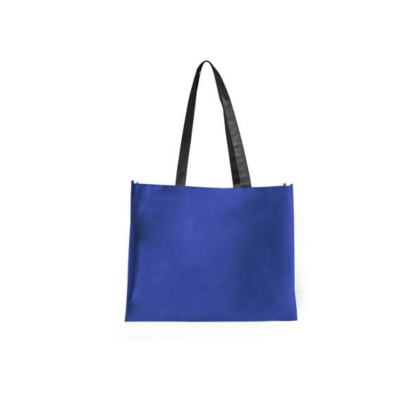 Bolsa en non-woven de 100g/m2, en variada gama de vivos colores. Con asas largas de 70cm en color negro, fuelle reforzado con ribete a juego y acabado cosido.