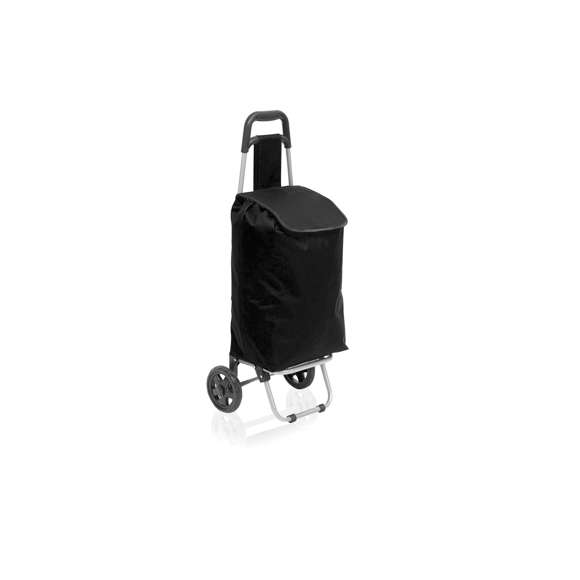 Carro de compra plegable en resistente poliéster 600D de variada gama en vivos colores. Con asas reforzadas, cuerpo metálico tubular, bolsillo de cremallera posterior y soportes con gomas de protección. Ruedas reforzadas de alta calidad.