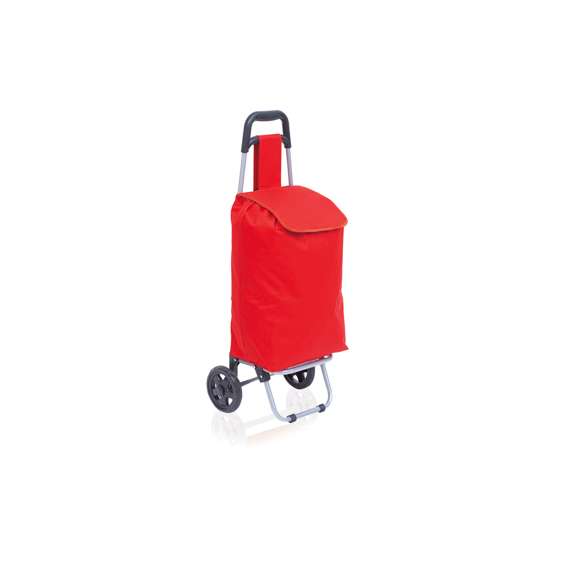 Carro de compra plegable en resistente poliéster 600D de variada gama en vivos colores. Con asas reforzadas, cuerpo metálico tubular, bolsillo de cremallera posterior y soportes con gomas de protección. Ruedas reforzadas de alta calidad.