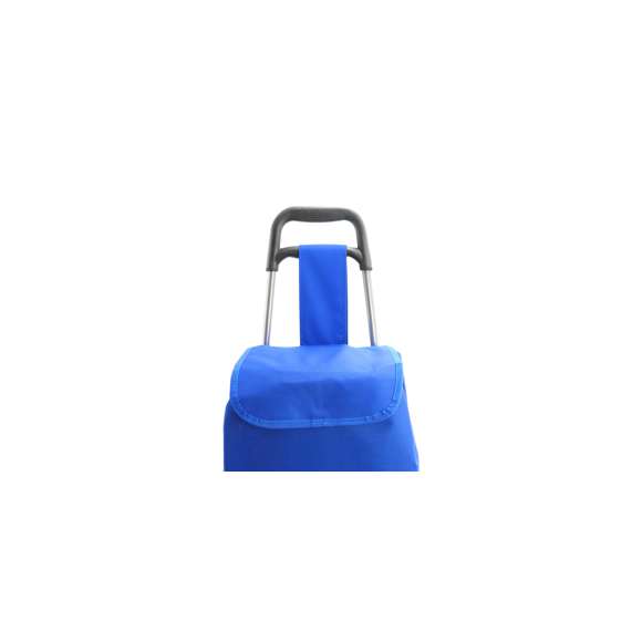 Carro de compra plegable en resistente poliéster 600D de variada gama en vivos colores. Con asas reforzadas, cuerpo metálico tubular, bolsillo de cremallera posterior y soportes con gomas de protección. Ruedas reforzadas de alta calidad.