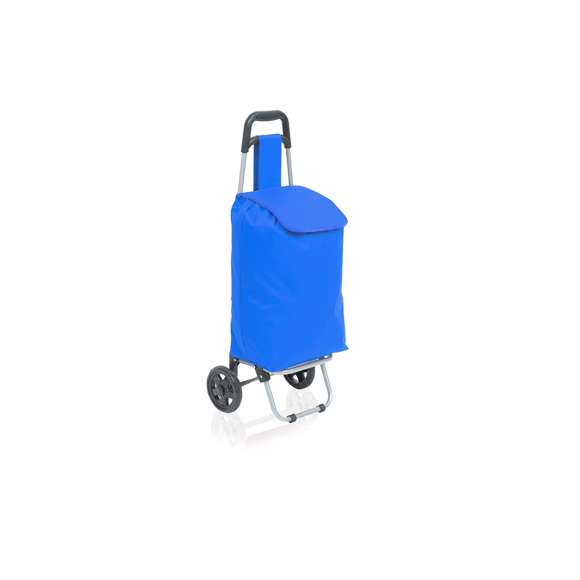 Carro de compra plegable en resistente poliéster 600D de variada gama en vivos colores. Con asas reforzadas, cuerpo metálico tubular, bolsillo de cremallera posterior y soportes con gomas de protección. Ruedas reforzadas de alta calidad.