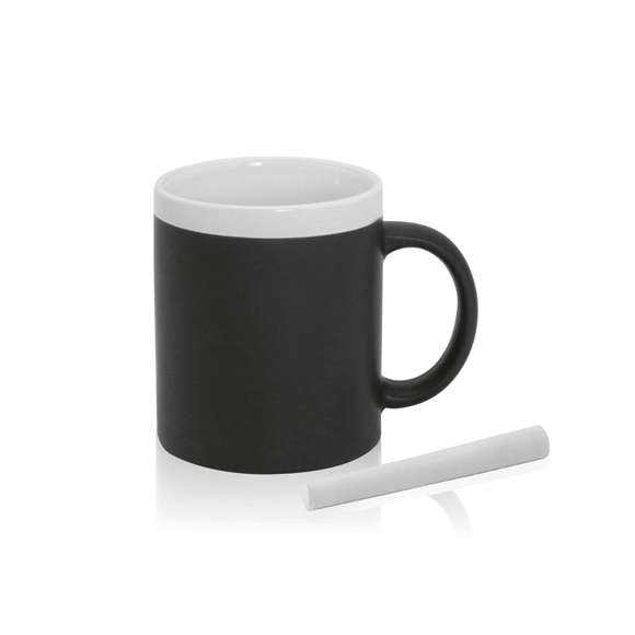 Taza de cerámica de 350ml de capacidad con cuerpo negro pizarra para pintar y boca en divertida gama de vivos colores. Tiza incluida a juego y presentada en caja individual.