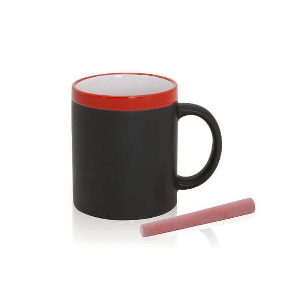 Taza de cerámica de 350ml de capacidad con cuerpo negro pizarra para pintar y boca en divertida gama de vivos colores. Tiza incluida a juego y presentada en caja individual.