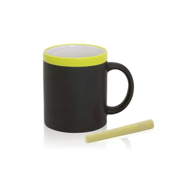 Taza de cerámica de 350ml de capacidad con cuerpo negro pizarra para pintar y boca en divertida gama de vivos colores. Tiza incluida a juego y presentada en caja individual.