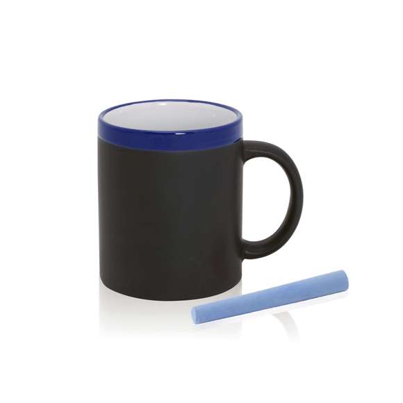 Taza de cerámica de 350ml de capacidad con cuerpo negro pizarra para pintar y boca en divertida gama de vivos colores. Tiza incluida a juego y presentada en caja individual.