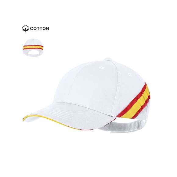 Gorra de diseño bandera nacional en material 100% algodón peinado. De 6 paneles, con sandwich tricolor y accesorios de bandera en laterales y parte trasera. Con orificios de ventilación bordados y cierre ajustable de velcro.