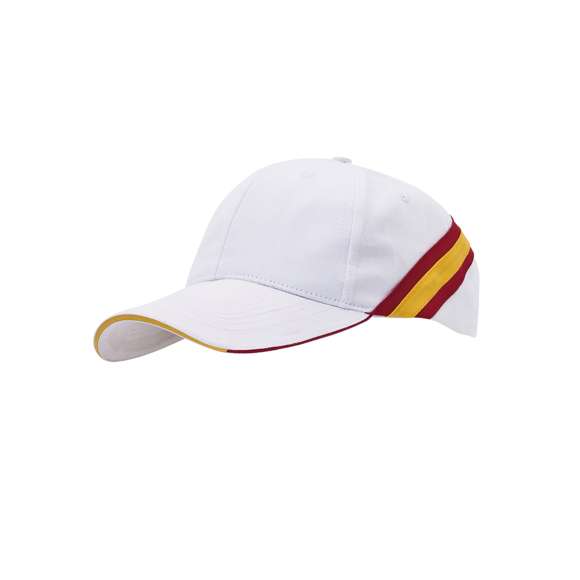 Gorra de diseño bandera nacional en material 100% algodón peinado. De 6 paneles, con sandwich tricolor y accesorios de bandera en laterales y parte trasera. Con orificios de ventilación bordados y cierre ajustable de velcro.