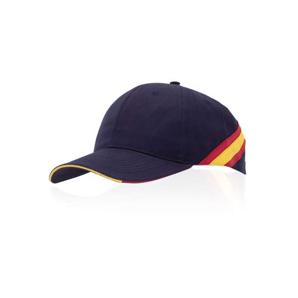 Gorra de diseño bandera nacional en material 100% algodón peinado. De 6 paneles, con sandwich tricolor y accesorios de bandera en laterales y parte trasera. Con orificios de ventilación bordados y cierre ajustable de velcro.