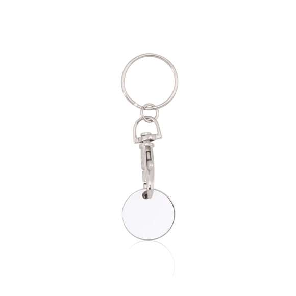Llavero moneda metálico en divertido diseño de variados colores con moneda extraíble y cierre de mosquetón.