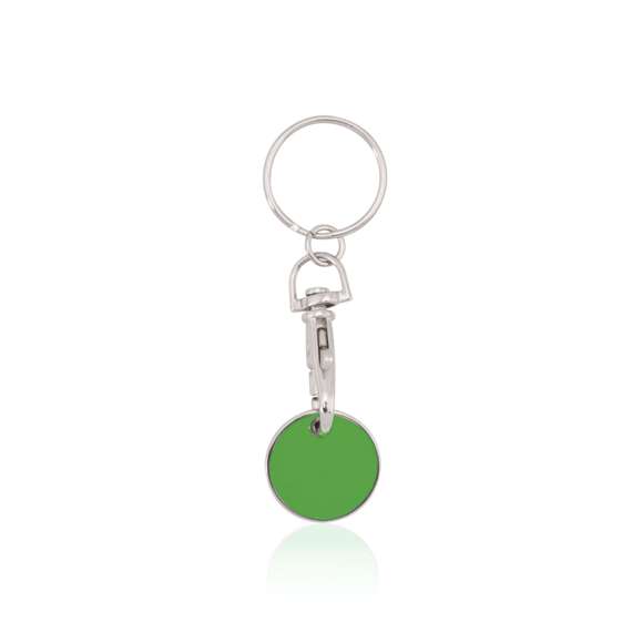 Llavero moneda metálico en divertido diseño de variados colores con moneda extraíble y cierre de mosquetón.