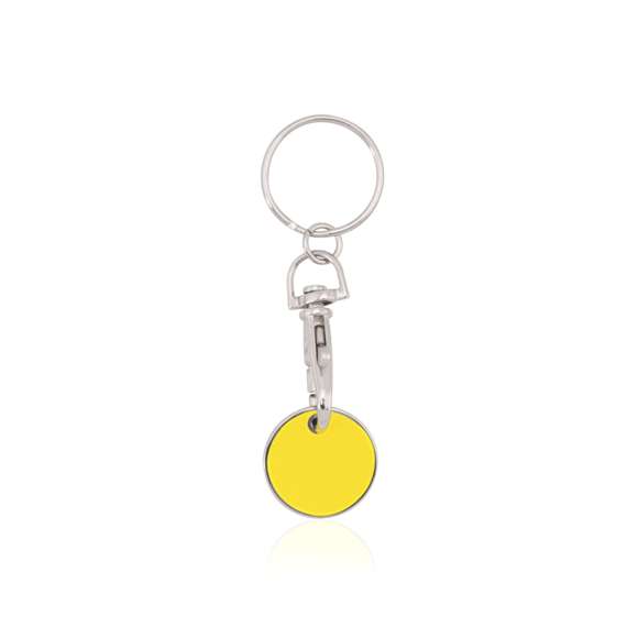 Llavero moneda metálico en divertido diseño de variados colores con moneda extraíble y cierre de mosquetón.