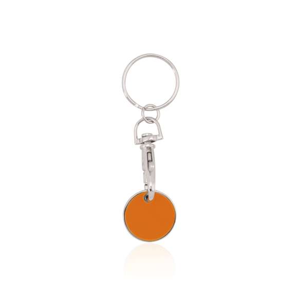 Llavero moneda metálico en divertido diseño de variados colores con moneda extraíble y cierre de mosquetón.