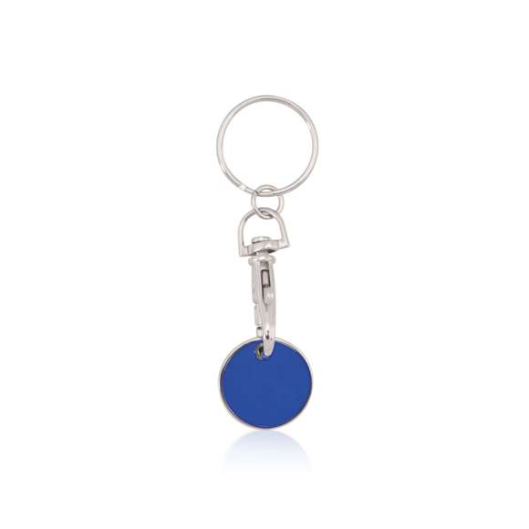 Llavero moneda metálico en divertido diseño de variados colores con moneda extraíble y cierre de mosquetón.