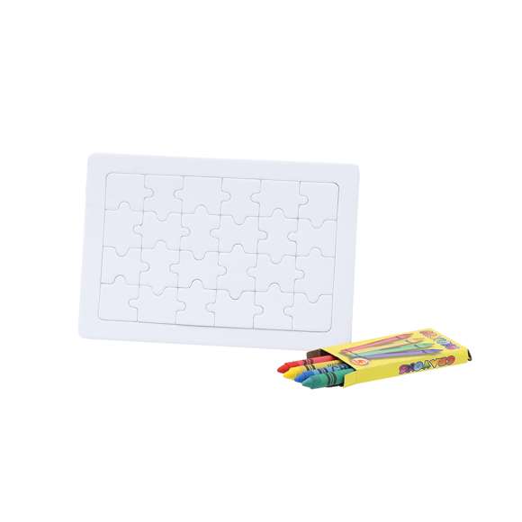 Divertido puzzle de 24 piezas en color blanco. Con caja de 4 ceras en colores amarillo, verde, azul y rojo incluida.