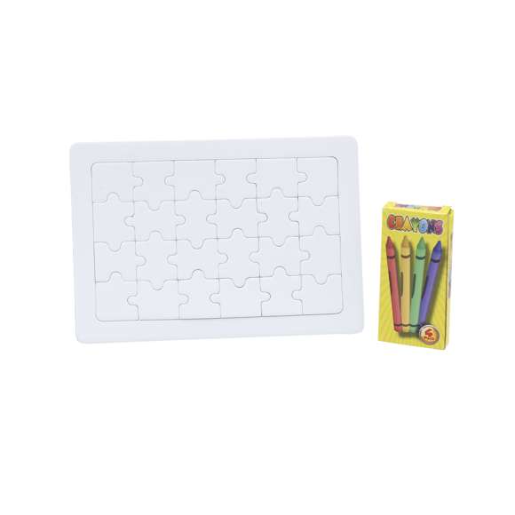 Divertido puzzle de 24 piezas en color blanco. Con caja de 4 ceras en colores amarillo, verde, azul y rojo incluida.