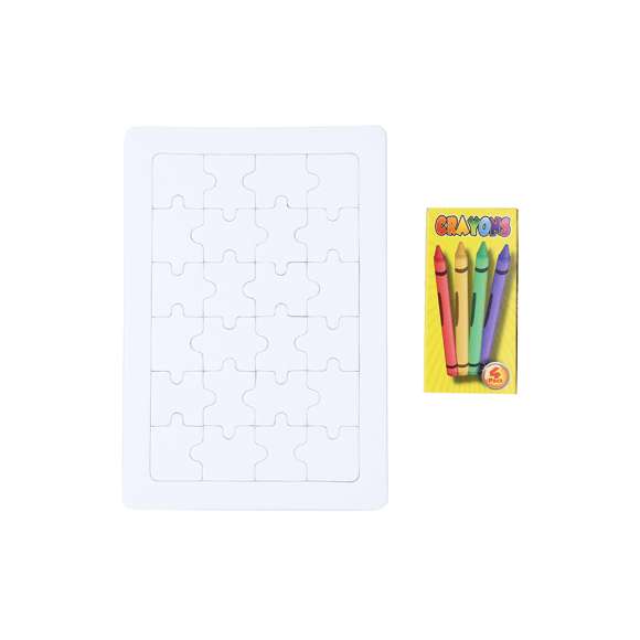 Divertido puzzle de 24 piezas en color blanco. Con caja de 4 ceras en colores amarillo, verde, azul y rojo incluida.