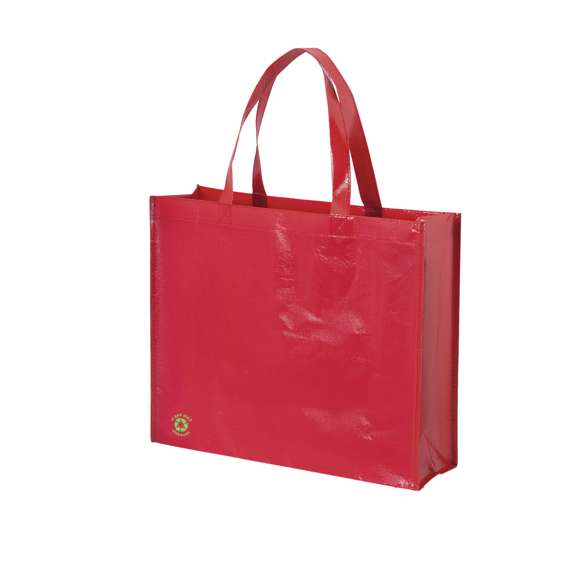 Bolsa en non-woven laminado de acabado brillante. En variada gama de vivos colores, con asas medianas reforzada de 48 cm de largo. De acabado cosido, con fuelles y ribetes reforzados.