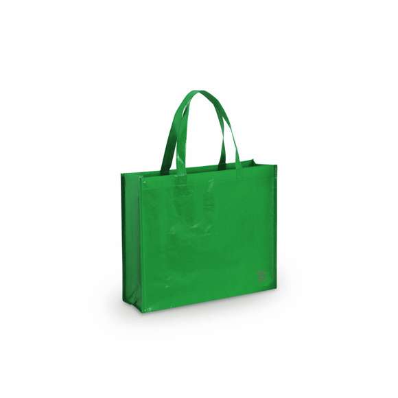 Bolsa en non-woven laminado de acabado brillante. En variada gama de vivos colores, con asas medianas reforzada de 48 cm de largo. De acabado cosido, con fuelles y ribetes reforzados.