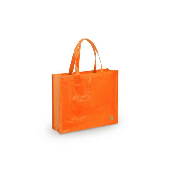 Bolsa en non-woven laminado de acabado brillante. En variada gama de vivos colores, con asas medianas reforzada de 48 cm de largo. De acabado cosido, con fuelles y ribetes reforzados.