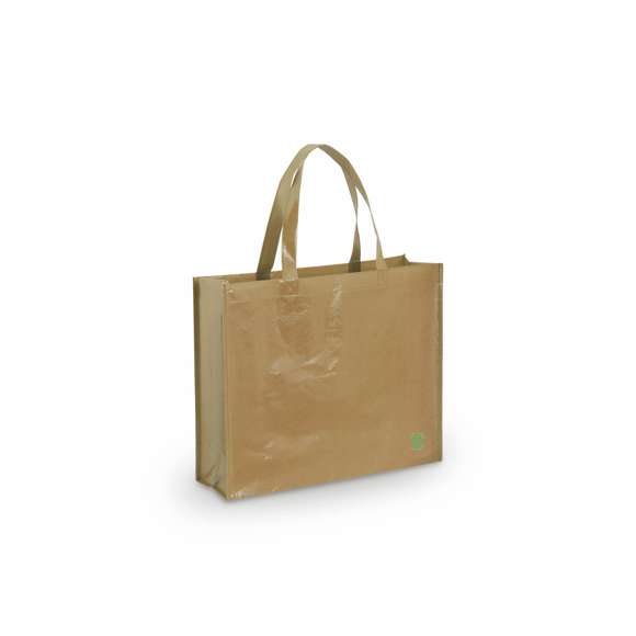 Bolsa en non-woven laminado de acabado brillante. En variada gama de vivos colores, con asas medianas reforzada de 48 cm de largo. De acabado cosido, con fuelles y ribetes reforzados.
