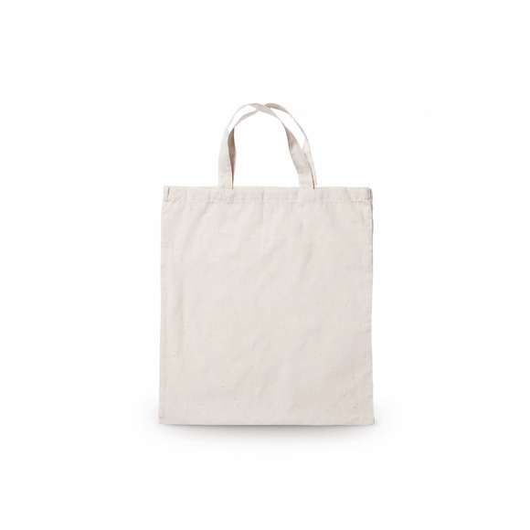 Bolsa en material 100% algodón con acabado en color natural. Con asas cortas de 35cm y acabado cosido. Resistencia hasta 7kg de peso.
