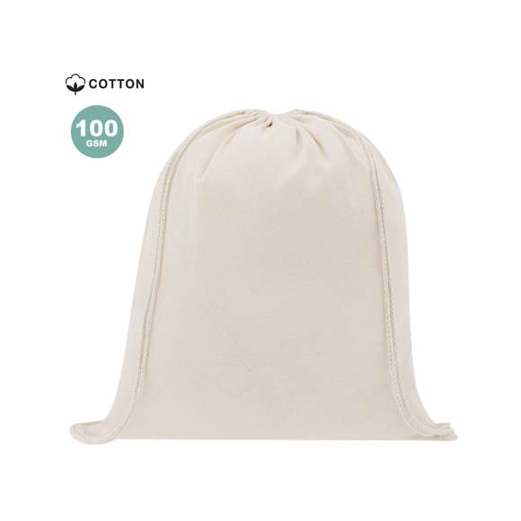 Mochila de cuerdas de línea nature. Fabricada en 100% algodón de 100g/m2 en acabado suave tacto de color natural. Compartimento con cordones en algodón.