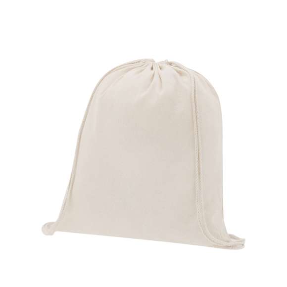 Mochila de cuerdas de línea nature. Fabricada en 100% algodón de 100g/m2 en acabado suave tacto de color natural. Compartimento con cordones en algodón.