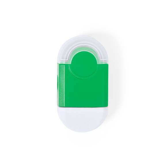 Set de goma y sacapuntas en vivos colores. Compartimento para residuos con capucha transparente.