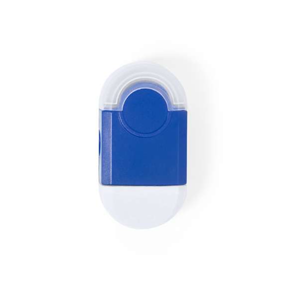Set de goma y sacapuntas en vivos colores. Compartimento para residuos con capucha transparente.