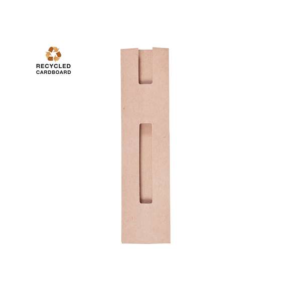 Funda para bolígrafo en resistente cartón reciclado de color natural y con diseño de ventana.