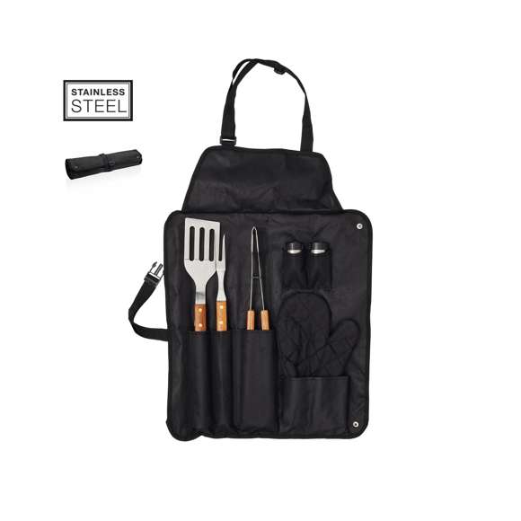 Set de barbacoa de 7 accesorios. Incluye paleta, trinchador y pinzas de acero inox con mango de madera. Con manopla acolchada y botes dosificadores para sal y pimienta. Presentado en estuche de resistente poliéster 600D en color negro con cierre de botones metálicos. Con cinta de transporte ajustable con cierre de clic en resistente nylon.