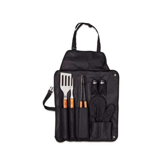 Set de barbacoa de 7 accesorios. Incluye paleta, trinchador y pinzas de acero inox con mango de madera. Con manopla acolchada y botes dosificadores para sal y pimienta. Presentado en estuche de resistente poliéster 600D en color negro con cierre de botones metálicos. Con cinta de transporte ajustable con cierre de clic en resistente nylon.