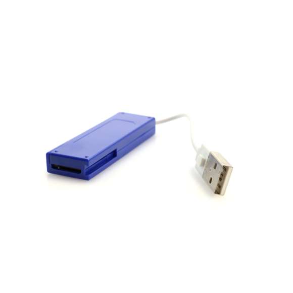Completo lector de tarjetas con conexión USB 2.0. De diseño cuadrado, en variados colores y compatible con prácticamente todos los formatos de tarjeta de memoria existentes en el mercado: M2, MS Duo, MS Pro Duo, MS, MS Pro, MicroSD, MiniSD, RSmmC, SD,mmC. Presentado en caja individual.