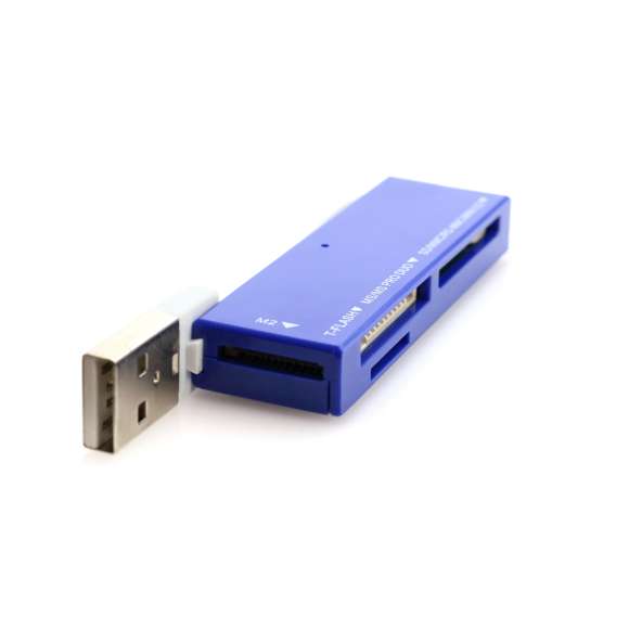 Completo lector de tarjetas con conexión USB 2.0. De diseño cuadrado, en variados colores y compatible con prácticamente todos los formatos de tarjeta de memoria existentes en el mercado: M2, MS Duo, MS Pro Duo, MS, MS Pro, MicroSD, MiniSD, RSmmC, SD,mmC. Presentado en caja individual.
