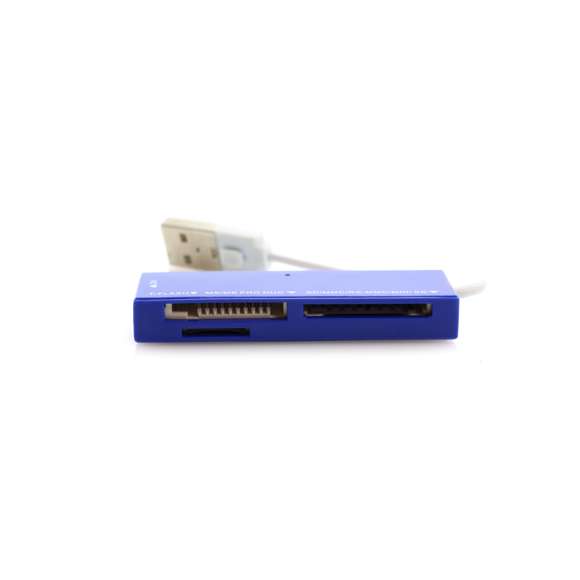 Completo lector de tarjetas con conexión USB 2.0. De diseño cuadrado, en variados colores y compatible con prácticamente todos los formatos de tarjeta de memoria existentes en el mercado: M2, MS Duo, MS Pro Duo, MS, MS Pro, MicroSD, MiniSD, RSmmC, SD,mmC. Presentado en caja individual.