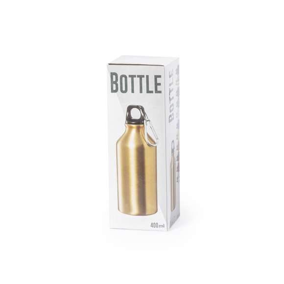 Bidón de 400ml de capacidad con cuerpo de acabado en aluminio en vivos y variados colores. Con tapón de seguridad a rosca y mosquetón metálico de transporte. Presentado en atractiva caja de diseño.