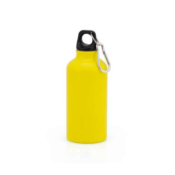 Bidón de 400ml de capacidad con cuerpo de acabado en aluminio en vivos y variados colores. Con tapón de seguridad a rosca y mosquetón metálico de transporte. Presentado en atractiva caja de diseño.