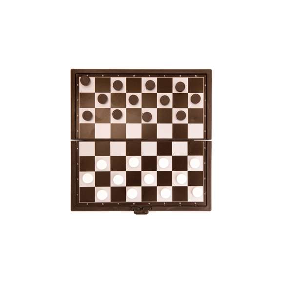  	Juego de mesa plegable con superficie metálica y fichas magnéticas. Disponibles parchís, tres en raya y damas. Presentado en caja individual.