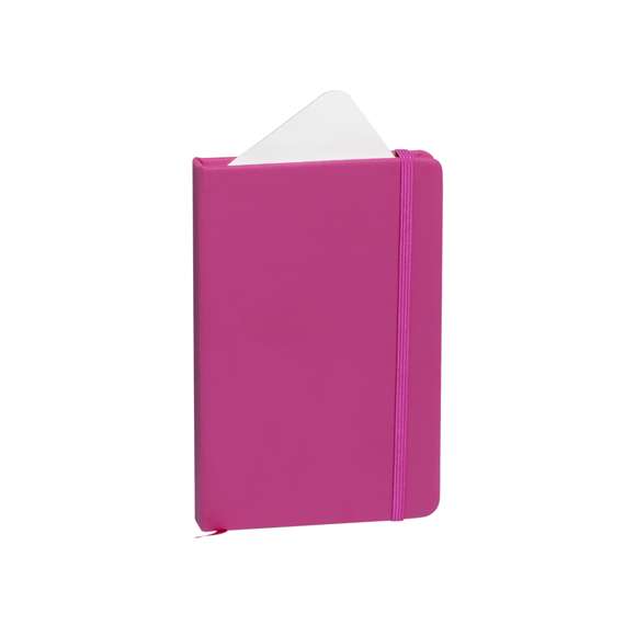 Bloc de notas con tapas duras fabricado en polipiel de suave tacto. Con marcapáginas disponible en variada gama de colores y elástico de cierre a juego. Interior con 100 hojas lisas.