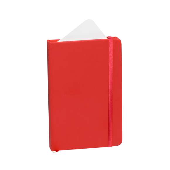 Bloc de notas con tapas duras fabricado en polipiel de suave tacto. Con marcapáginas disponible en variada gama de colores y elástico de cierre a juego. Interior con 100 hojas lisas.