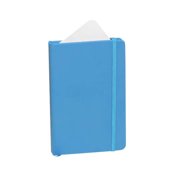 Bloc de notas con tapas duras fabricado en polipiel de suave tacto. Con marcapáginas disponible en variada gama de colores y elástico de cierre a juego. Interior con 100 hojas lisas.
