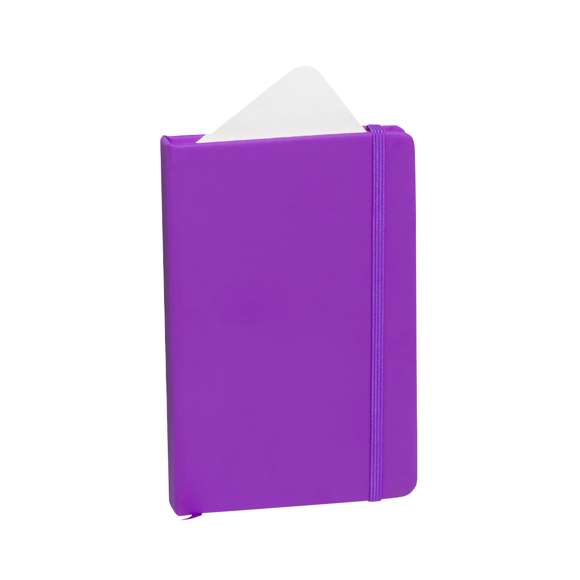Bloc de notas con tapas duras fabricado en polipiel de suave tacto. Con marcapáginas disponible en variada gama de colores y elástico de cierre a juego. Interior con 100 hojas lisas.