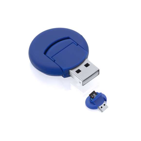  	Original lector de tarjetas giratorio de diseño circular, con conexión USB 2.0, en divertidos colores y de suave acabado. De diseño circular y compatible con tarjetas micro SD. Presentado en caja individual.